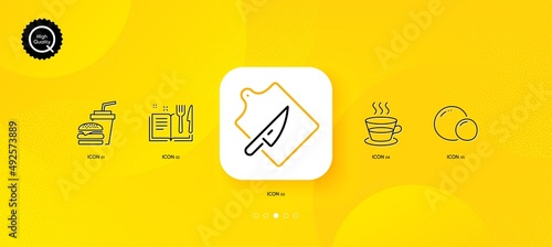 Cutting board, Coffee cup and Peas minimal line icons. Yellow abstract background. Recipe book, Hamburger icons. For web, application, printing. Knife, Tea mug, Vegetarian seed. Food. Vector