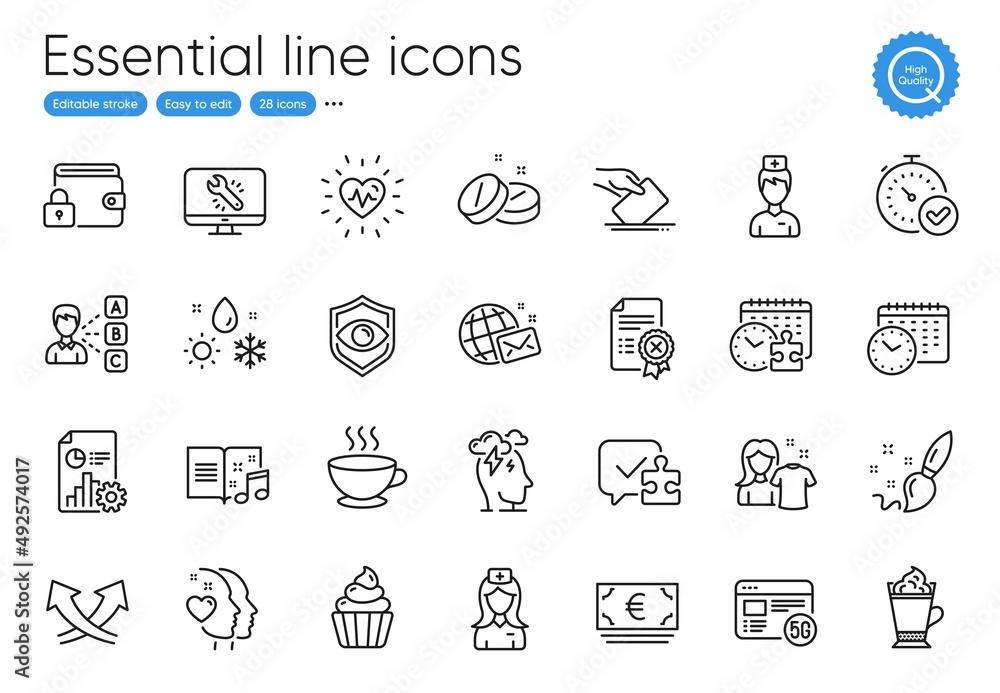Puzzle, Medical tablet and Voting ballot line icons. Collection of Opinion, Coffee cup, Heartbeat icons. Eye detect, Paint brush, Latte coffee web elements. Clean shirt, Heart, Weather. Vector