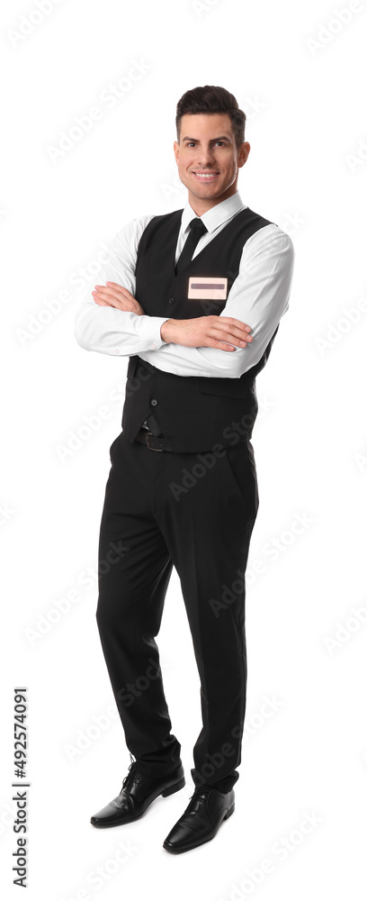 Full length portrait of happy receptionist in uniform on white background Full length portrait of happy receptionist in uniform on white background