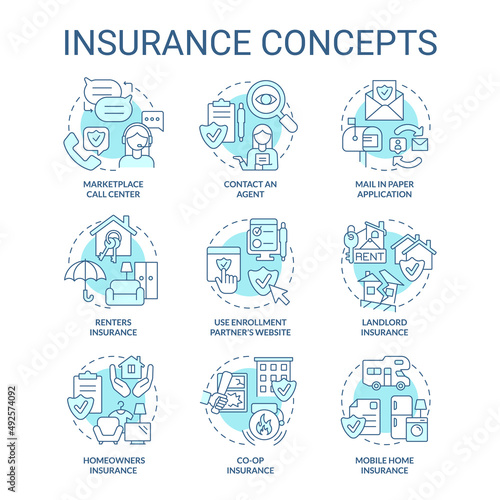Insurance turquoise concept icons set. Financial protection policy. Customers safety idea thin line color illustrations. Isolated symbols. Editable stroke. Roboto-Medium, Myriad Pro-Bold fonts used