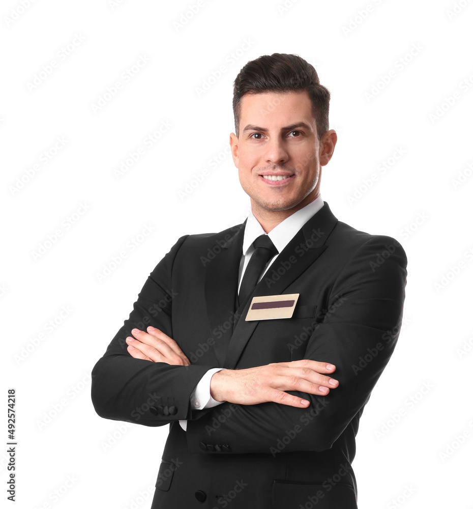 Portrait of happy receptionist in uniform on white background Portrait of happy receptionist in uniform on white background