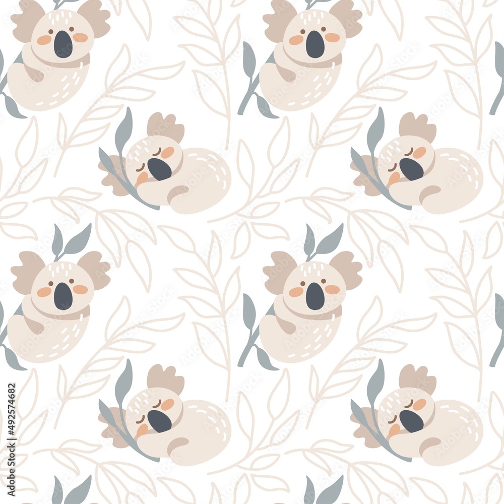 Cute koala on a eucalyptus tree. Seamless pattern for kid products. Cute koala on a eucalyptus tree. Seamless pattern for kid products.