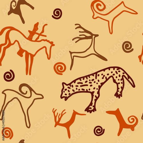 Seamless pattern. A series of petroglyphs, cave drawings, vector design.