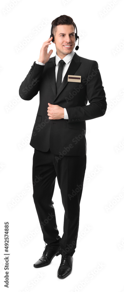 Portrait of receptionist with headset on white background
