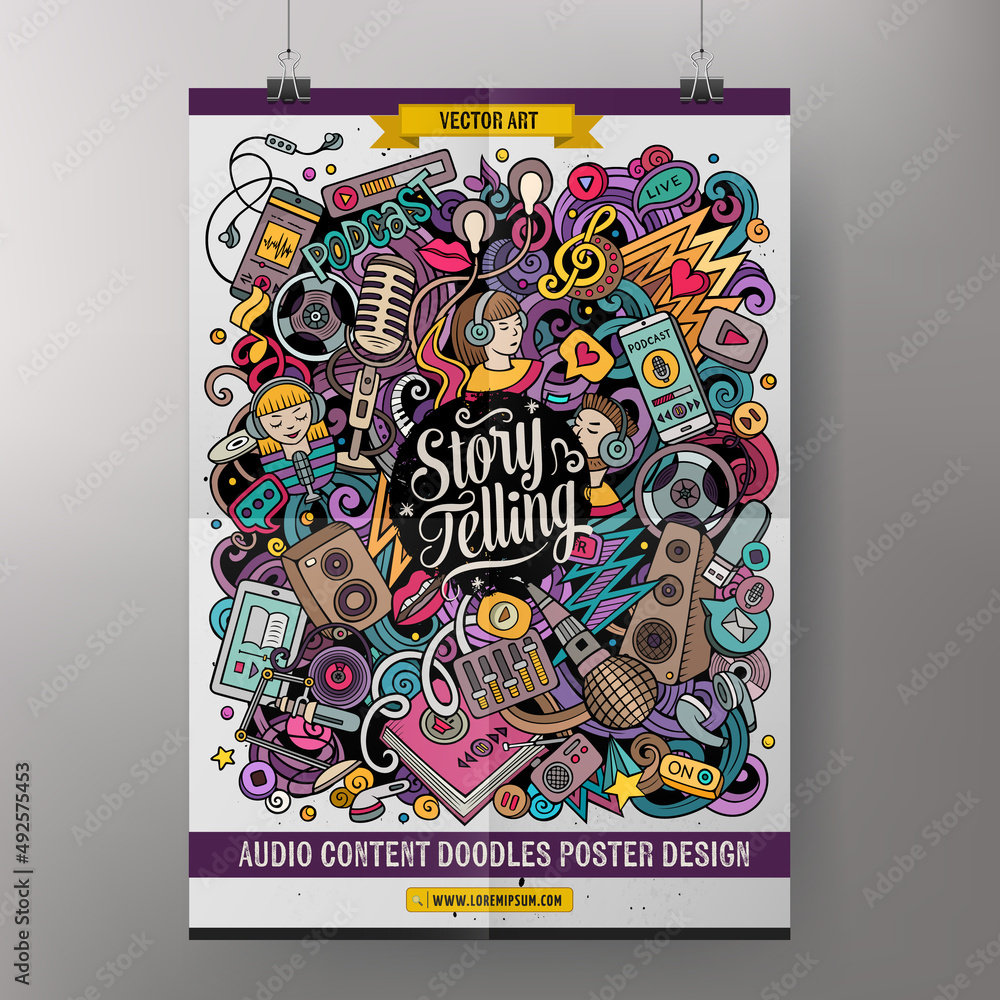 Obraz premium Cartoon vector doodle Audio content poster template.