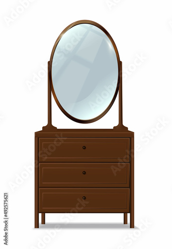3d realistic vector icon. Wooden brown dresser with oval mirror and drawers. Isolated on white background.