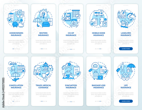 Insurance blue onboarding mobile app screen set. Financial coverage walkthrough 5 steps graphic instructions pages with linear concepts. UI, UX, GUI template. Myriad Pro-Bold, Regular fonts used