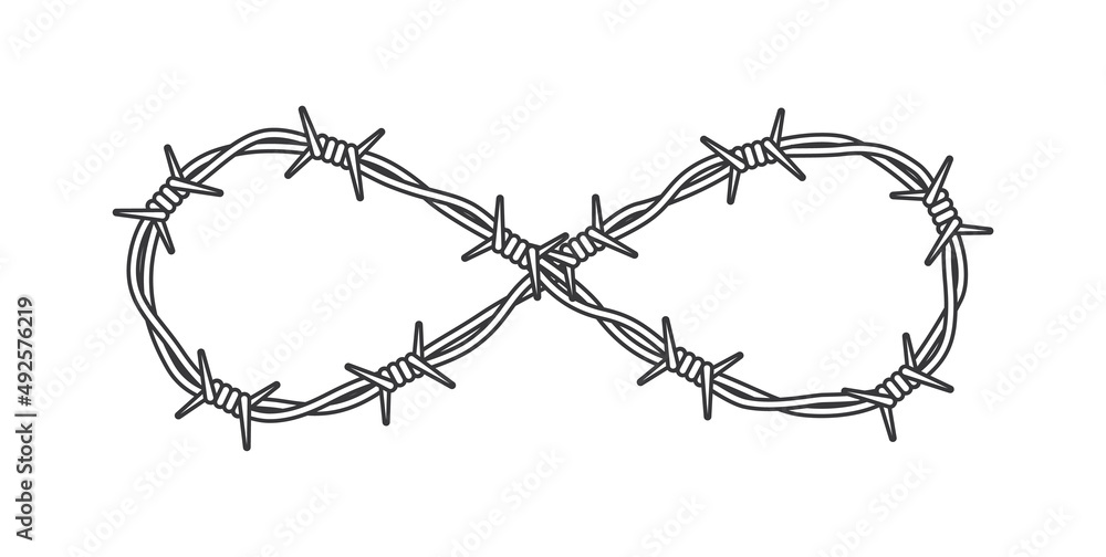 Vector black line barbed wire tangled in a circle. Isolated on white ...