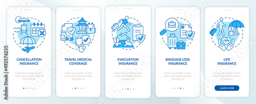 Travel insurance blue onboarding mobile app screen. Tourist coverage walkthrough 5 steps graphic instructions pages with linear concepts. UI, UX, GUI template. Myriad Pro-Bold, Regular fonts used