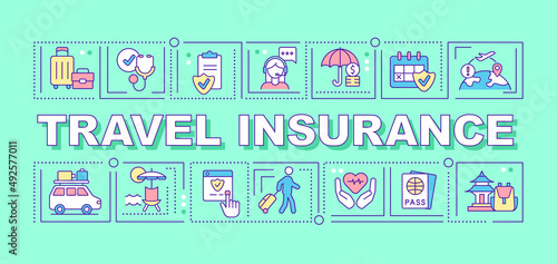 Travel insurance word concepts mint banner. Safety at journey. Infographics with icons on color background. Isolated typography. Vector illustration with text. Arial-Black font used