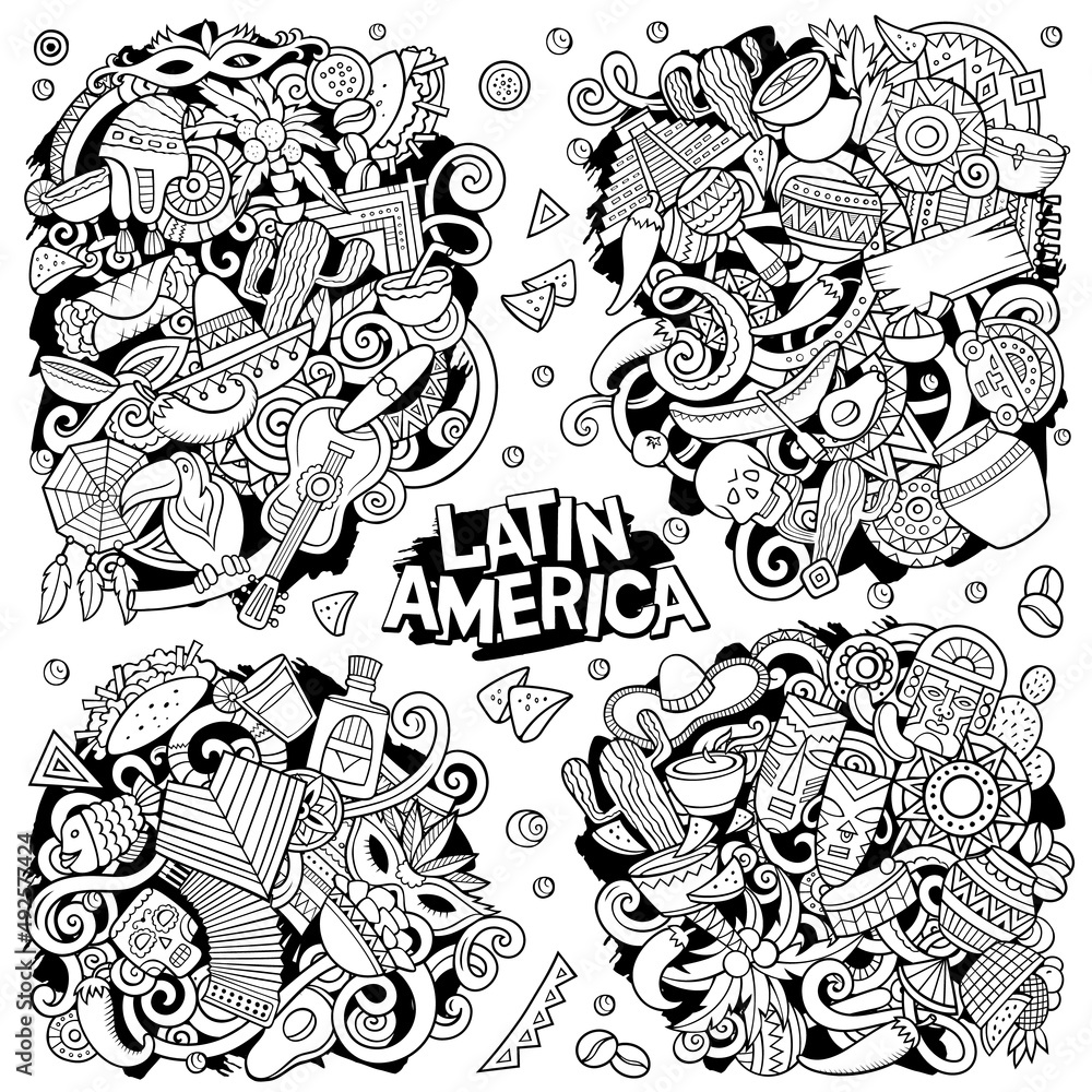 Fototapeta premium Latin America cartoon vector doodle designs set.