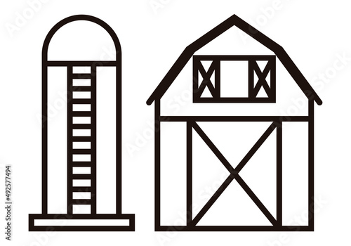 Icono de granja con silo y granero en fondo blanco.
