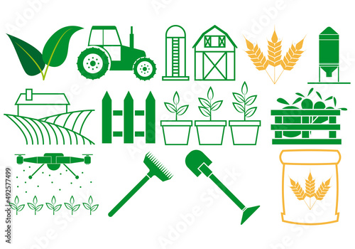Icono verde de agricultura en fondo blanco.