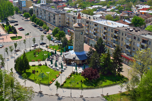 Aerial view of city center, clock tower - Giurgiu, Romania photo