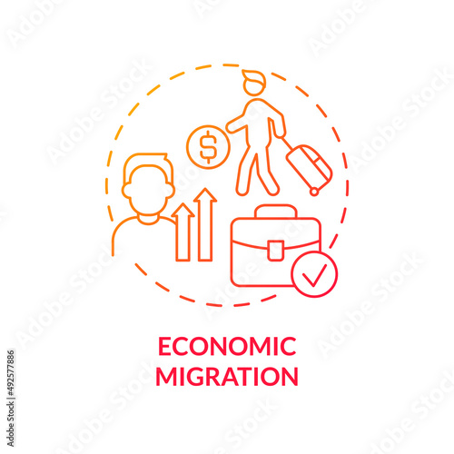 Economic migration red gradient concept icon. Moving to find better work. Reason for relocation abstract idea thin line illustration. Isolated outline drawing. Myriad Pro-Bold font used