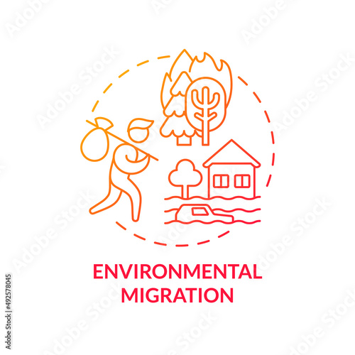 Environmental migration red gradient concept icon. Escaping ecology problems. Relocation reason abstract idea thin line illustration. Isolated outline drawing. Myriad Pro-Bold font used