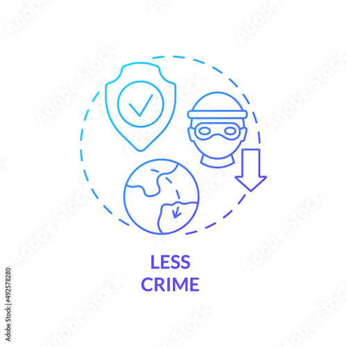 Less crime blue gradient concept icon. Social problems avoiding. Pull factor for migration abstract idea thin line illustration. Isolated outline drawing. Myriad Pro-Bold font used