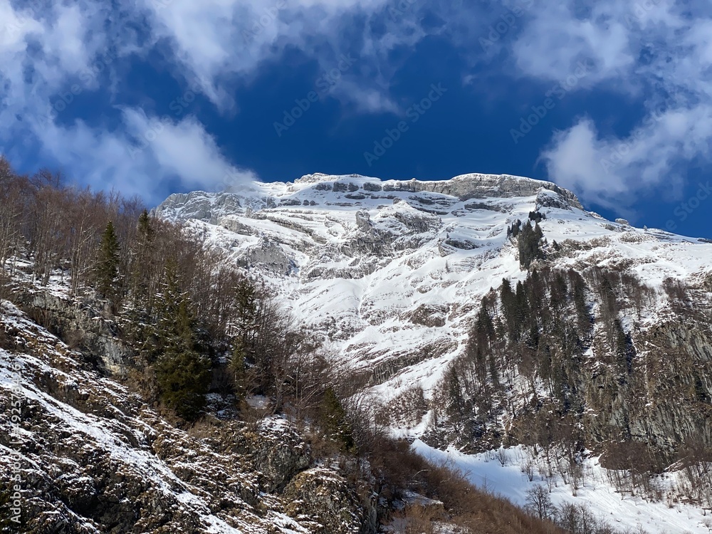 Snow-capped alpine peak Stoss (or Stooss, 2112 m) in Alpstein mountain range and in Appenzell Alps massif, Unterwasser - Canton of St. Gallen, Switzerland (Schweiz)
