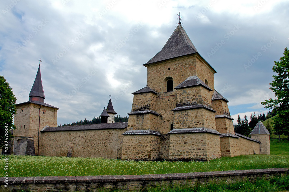 Obraz premium Sucevitsa Monastery, Suceava County, Moldavia, Romania : One of the famous painted churches of Moldavia. This is the strong external defensive wall.