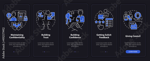 HR communicative skills night mode onboarding mobile app screen. Business walkthrough 5 steps graphic instructions pages with linear concepts. UI, UX, GUI template. Myriad Pro-Bold, Regular fonts used