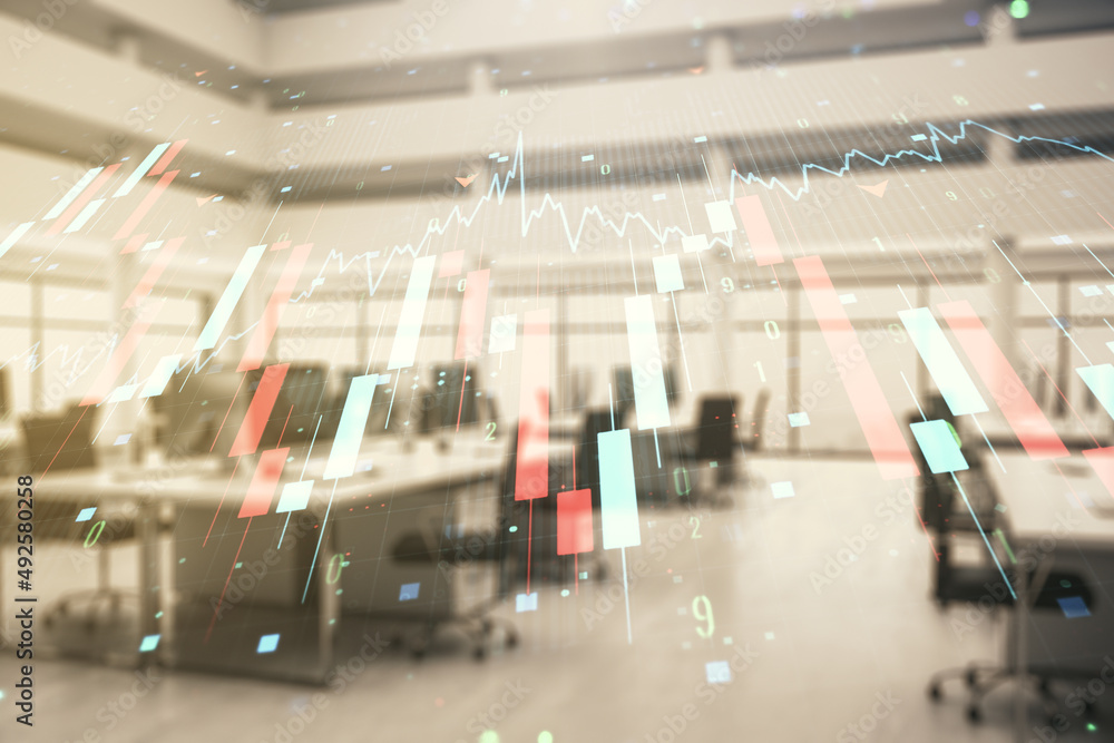 Double exposure of abstract virtual global crisis chart and world map hologram on modern corporate office background. Financial crisis and recession concept Double exposure of abstract virtual global crisis chart and world map hologram on modern corporate office background. Financial crisis and recession concept