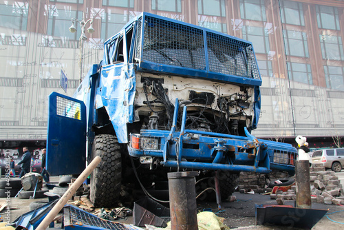 Kyiv, Ukraine - Destroyed water cannon vehicle on Maidan. Ukrainian war with Russia. High-quality photo photo