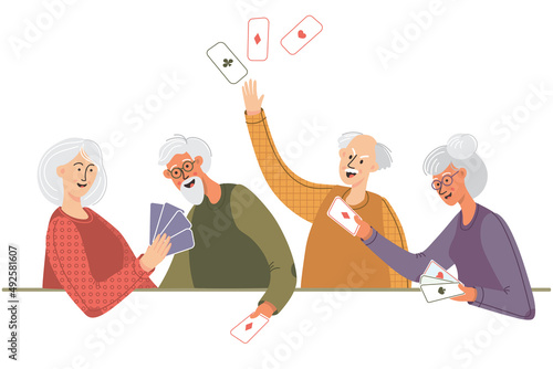 Older men and women playing in card games. Elderly friends spend time together