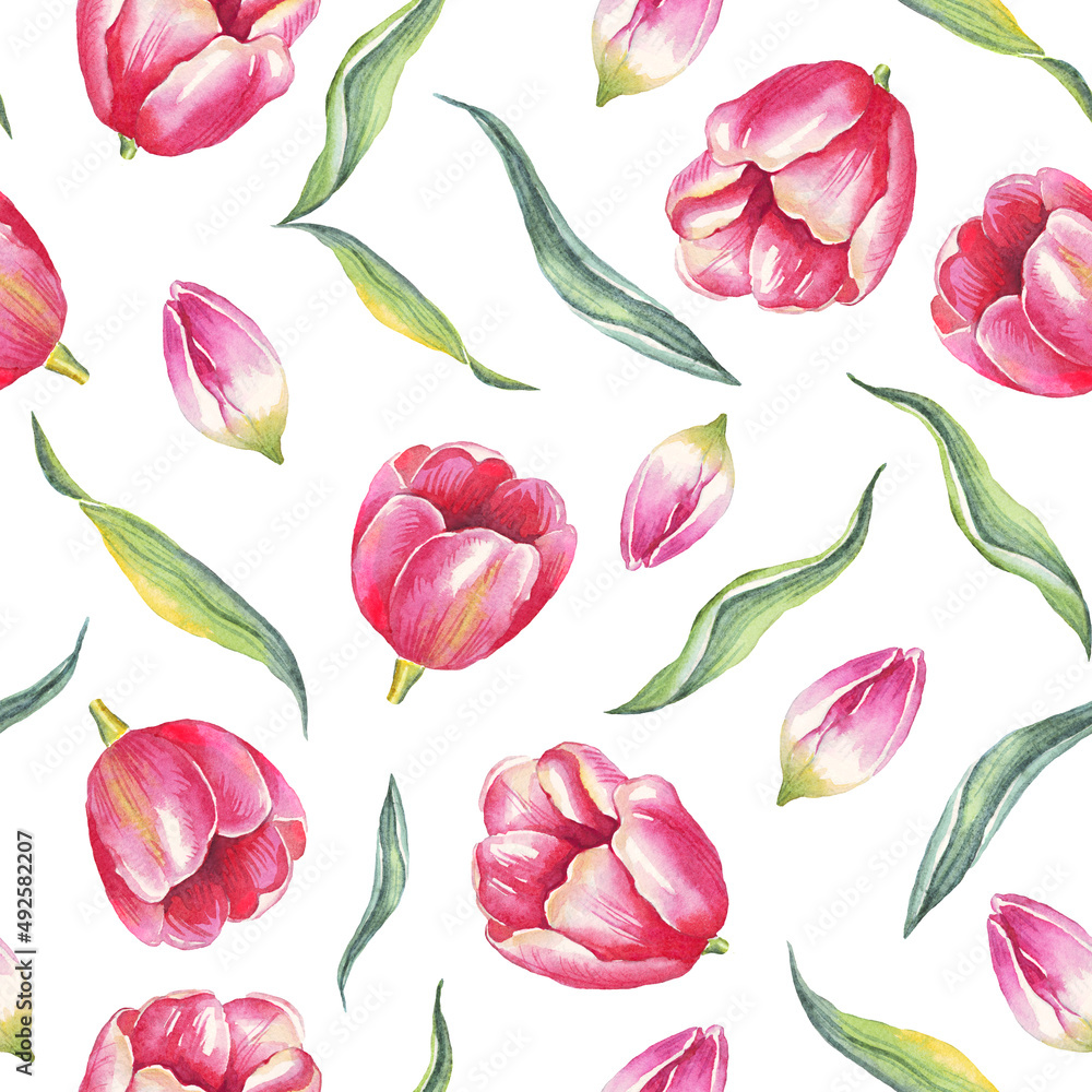 Watercolor tulips. Seamless pattern. Hand-painted Watercolor tulips. Seamless pattern. Hand-painted