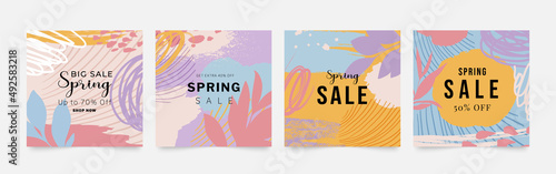 Spring season floral square cover template. Set of banner design with flowers, leaves and branch in line art pattern. Watercolor blossom for social media post, internet, ads, business.