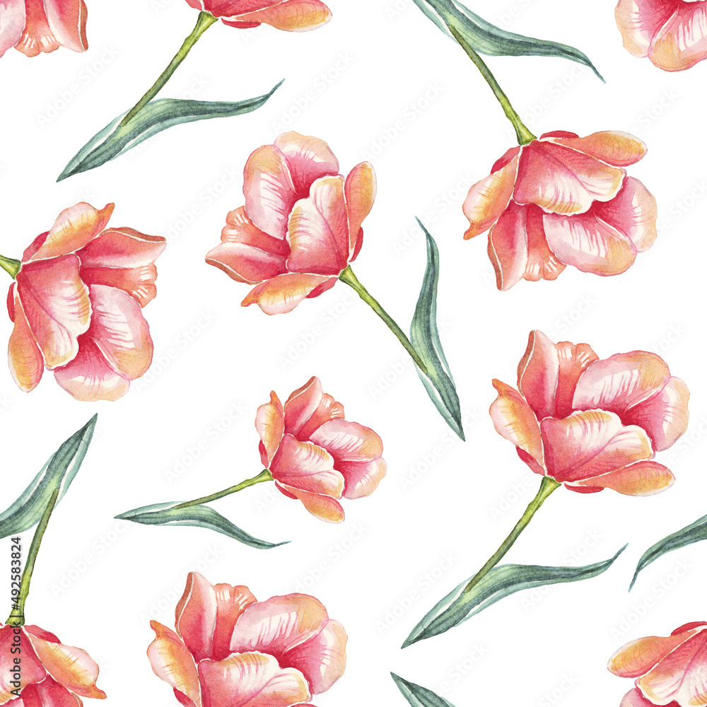 Watercolor tulips. Seamless pattern. Hand-painted Watercolor tulips. Seamless pattern. Hand-painted