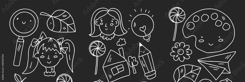 Creativity and imagination. Vector icons with school items.