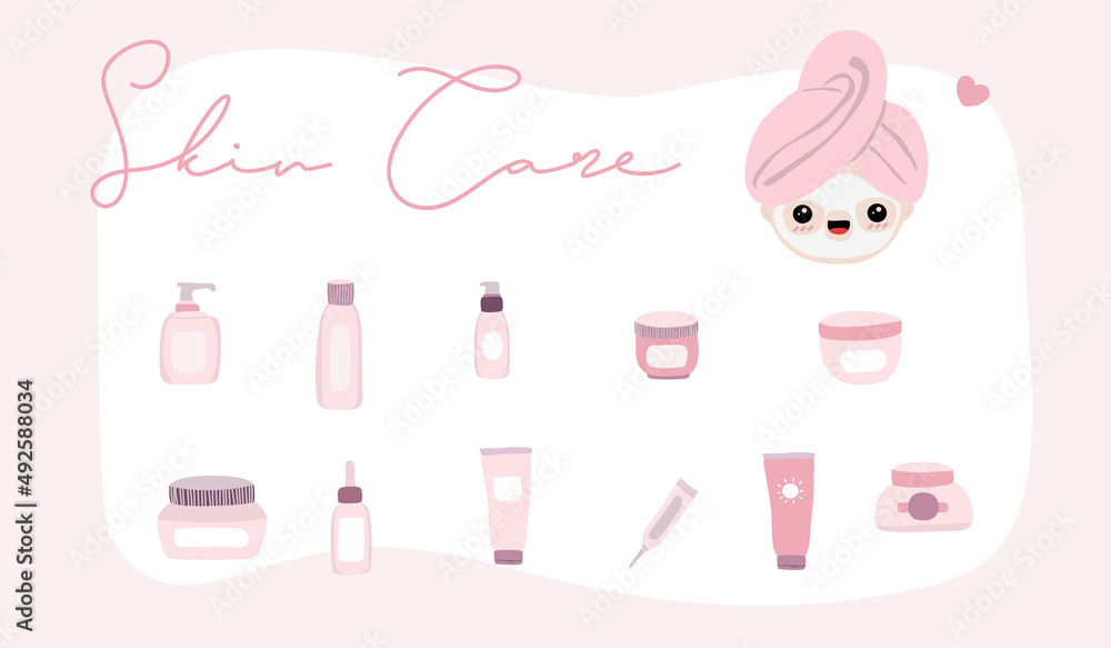 Skin care routine for healthy skin - self care for your face. cute skincare package. Pink and purple theme for whitening .
