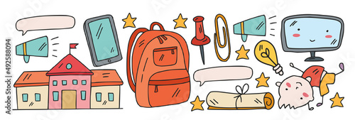Creativity and imagination. Vector icons with school items.