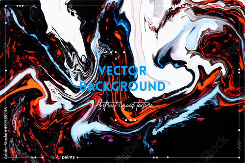 Fluid art texture. Backdrop with abstract mixing paint effect. Liquid acrylic artwork with beautiful mixed paints. Can be used for interior poster. Orange, black and blue overflowing colors.