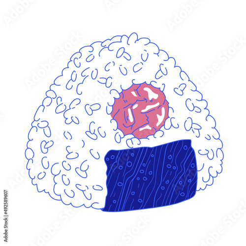 Vector illustration of Onigiri. Japanese fast food made of rice with stuffing, molded in the form of a triangle in nori seaweed.