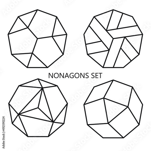 Set of nonagon shaped icons with line art 3d effect designs in black outline on a white background