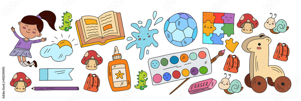 Creativity and imagination. Vector icons with school items. Creativity and imagination. Vector icons with school items.