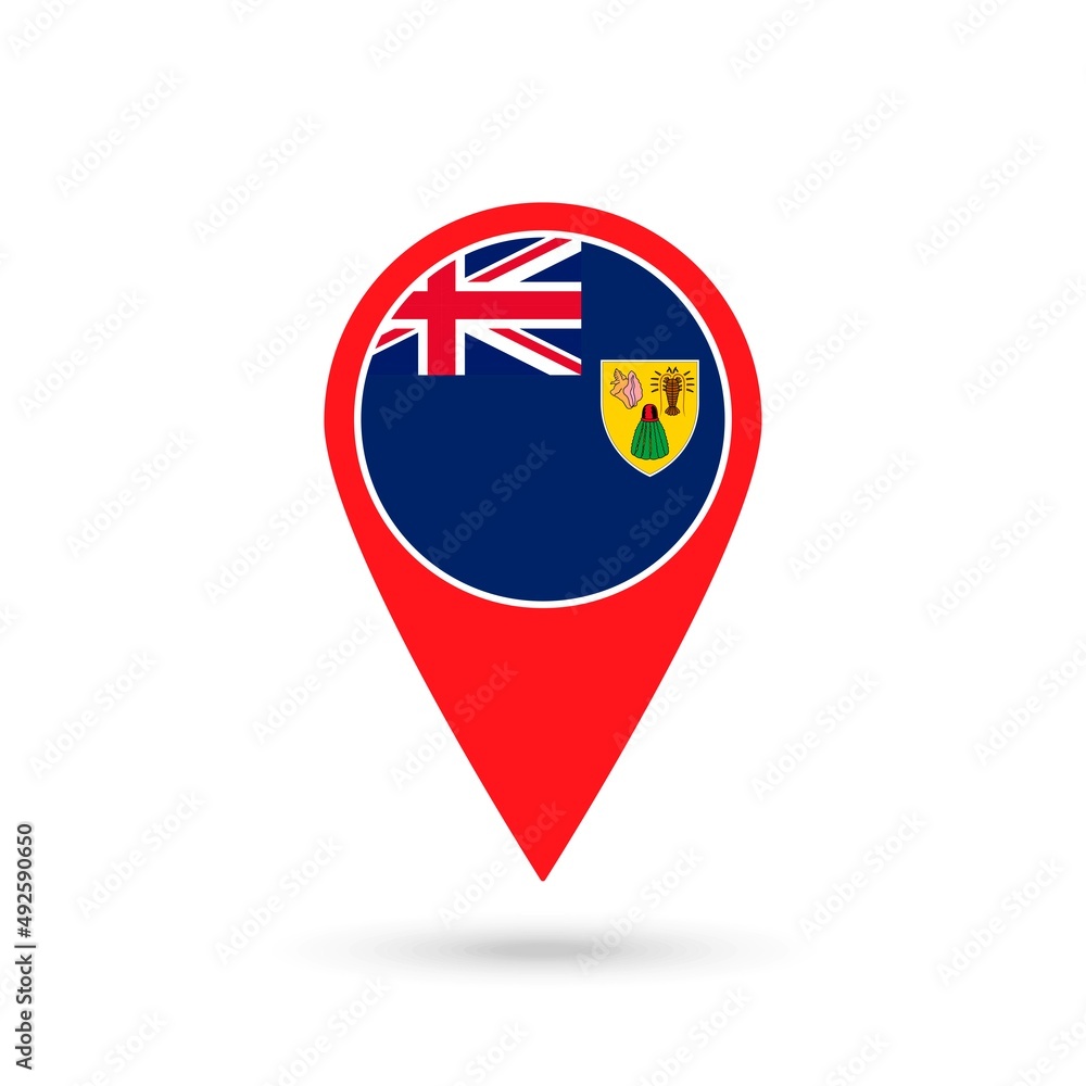 Map pointer with country Turks and Caicos Islands. Turks and Caicos Islands flag. Vector illustration. Map pointer with country Turks and Caicos Islands. Turks and Caicos Islands flag. Vector illustration.