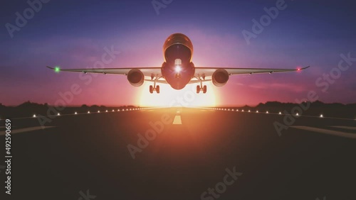 Airplane taking off from the airport.airplane flying take off from runway on sunset