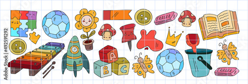 Creativity and imagination. Vector icons with school items.