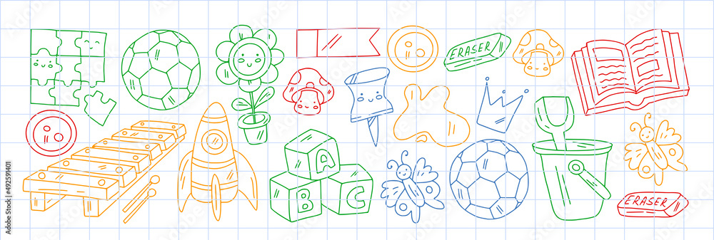 Creativity and imagination. Vector icons with school items.