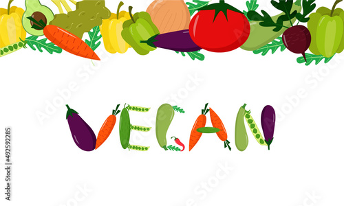 Go vegan phrase. Letters drawn from the vegetables. Vegetarian concept. Poster with vegetable text isolated on white background. Go vegan and follow a vegetarian lifestyle. Without Meat.