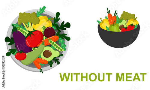 Day Without Meat. March 20. Vegetarian concept. Illustration with vegetables on a plate. Organic products. Go vegan and follow vegetarian lifestyle. Poster with text isolated on white background.