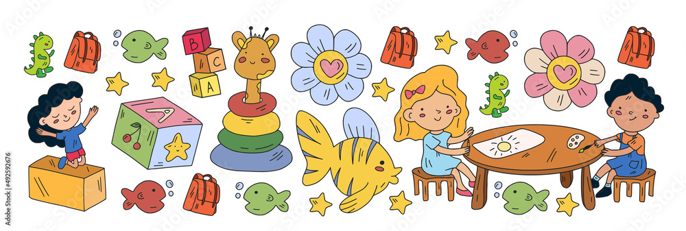 Creativity and imagination. Vector icons with school items. Creativity and imagination. Vector icons with school items.