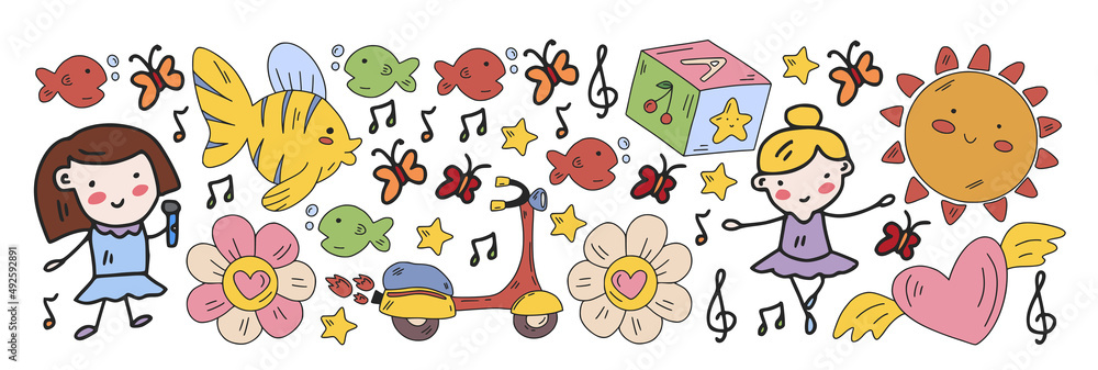 Creativity and imagination. Vector icons with school items. Creativity and imagination. Vector icons with school items.