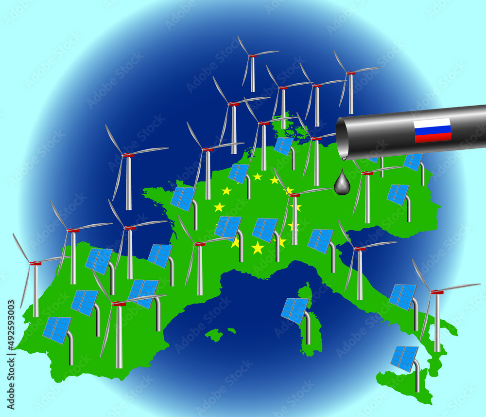 Vector Illustration on new energy strategy in Europe. Europe's green deal transforms the economy and eliminates dependence on Russian fossil fuels.