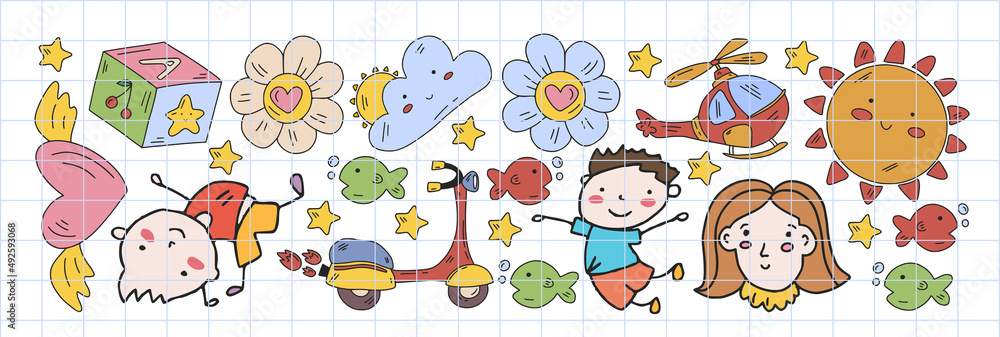 Creativity and imagination. Vector icons with school items. Creativity and imagination. Vector icons with school items.