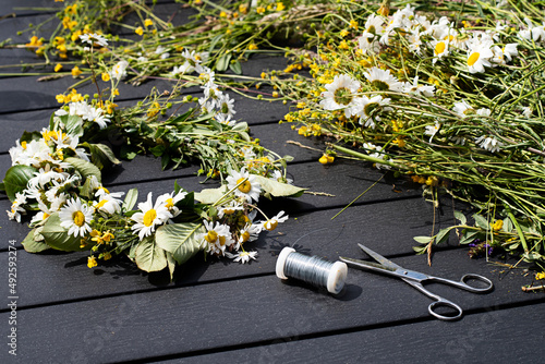 Creating traditional Swedish Midsummer flower crown using wild summer flowers, scissor and wire. 