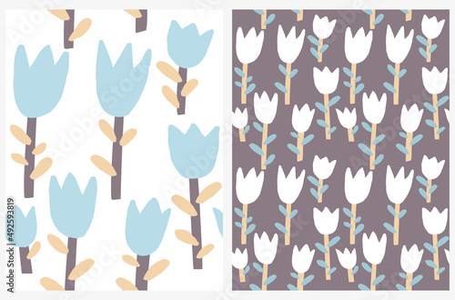 Funny Floral Seamless Vector Pattern. Simple Abstract Freehand Flower Print. Light Blue and White Hand Drawn Flowers Isolated od a White and Brown Background.Cute Abstract Garden Design.