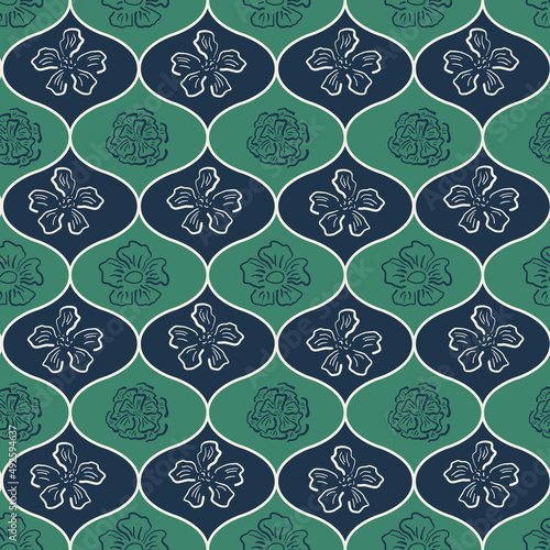 Wild meadow flower seamless vector pattern background. Modern floral line art backdrop with hand drawn outline flowers in ogee shaped frames. Elegant botanical blue green bold repeat for summer